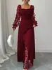 Vestido de Noche de Malla con Mangas Largas para Primavera y Verano con Abertura para Ceñir la Cintura, Vestido de Banquete Largo con Flores Tridimensionales, Ropa para Mujer Europea y Americana