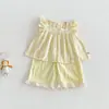 Lindo Conjunto de Rayas para Niñas Nuevo Verano 2026 Estilo Coreano para Bebé Camisa Tipo Muñeca con Mangas Abullonadas Pantalones Rectos Conjunto de Dos Piezas Moderno
