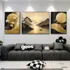 Pintura Decorativa Nova de Pinheiro Bonsai Estilo Chinês Preto e Dourado para Parede de Fundo da Sala de Estar, Pintura Tríptico em Moldura de Liga de Alumínio com Filme de Cristal Venda por Atacado