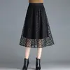 Saia de malha com flock, novo modelo outono 2026, comprimento médio, saia da moda de cintura alta, nova saia evasê, saia de tule com barra ampla