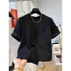 Camiseta de algodão 21 fios estilo retrô americano, manga curta, retalhos, para mulheres, design de verão, top liso de nicho, estilo simples