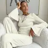 2026 Conjunto de Pijama de Tricô Respirável com Gola Redonda e Mangas Longas, Calça Longa, Outono e Inverno Europeu e Americano, Roupa de Casa Casual e Confortável para Mulheres