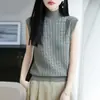 Chaleco de punto de ochos de lana pura de cuello alto para mujer, principios de otoño, chaleco de punto sin mangas, corte holgado, adecuado para usar en capas como pieza interior debajo de un suéter