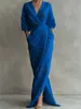 2026 Nuevo Vestido Largo Elegante de Color Sólido con Cuello en V, Manga Larga, Cintura Fruncida con Abertura y Bolsillo, Estilo Europeo y Americano, para Sitios Independientes de Amazon