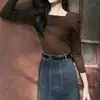 Suéter de Punto de Alto Diseño Estilo Francés Hombros Descubiertos para Mujer, Nuevo Otoño Gris Elegante Ajustado Base Suéter Top