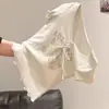 Camiseta de Manga Corta con Cuello en V, Diseño de Volantes Estilo Americano y Lazo para Mujer, Nueva de Verano, Ajustada, Versátil, Moderna