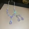 Conjunto de brincos e colar com franja em forma de gota d'água cravejado de diamantes, corrente para clavícula exagerada atmosférica europeia e americana, joias de luxo leve de alta qualidade, atacado