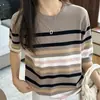 Camiseta de verano nueva de algodón puro de punto, con cuello redondo, rayas de bloques de color, manga corta, estilo coreano, corte holgado, top simple y versátil
