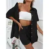Punto Cruzado Aliexpress Moda Pantalones Cortos Traje de Camisa de Color Puro de Dos Piezas para Mujer Casual Holgado de Manga Corta Fila Única