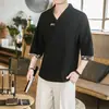 Camiseta Masculina de Verão Linho Estilo Chinês Bordada Manga Curta Cropped Tamanho Grande Solta Gola V Algodão Linho Manga Curta Masculino