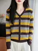 Cardigan de Lana Fina a Rayas Anchas para Otoño Temprano, Chaqueta de Punto de Manga Larga con Bloques de Color Retro para Mujer, Holgada, Adelgazante, para el Trabajo, Temperamento