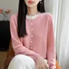 Cardigã feminino 100% lã pura com gola redonda e design color block, solto e modelador, novo suéter macio e elegante de outono e inverno com botões