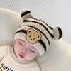 Gorro de bebé de invierno para bebé niño, gorro de lana con rayas de oso súper lindo, gorro de punto para otoño e invierno para recién nacidos.