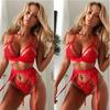 Explosiones Europeas y Americanas Moda Interior Sexy para Mujer Costura de Encaje Ropa Interior Lazo Correa de Muslo Cruzada Traje de Tres Piezas