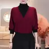 Top de moda de terciopelo térmico acanalado de 260 g, cálido para otoño, talla grande, cuello semialto, diseño de dos piezas falsas, manga murciélago