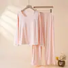 Pijama de Algodón de Bambú para Mujer para Primavera, Verano y Otoño con Almohadillas en el Pecho, Ropa de Casa de Alta Gama, Conjunto de Pijama de Manga Larga y Pantalón Largo que Se Puede Usar Afuera