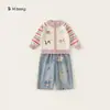 Conjunto de Niña You Bao Primavera y Otoño Ropa Infantil Suéter Cardigan Infantil Pantalones Vaqueros con Flores Conjunto de Dos Piezas Ropa Suave para Niños Pequeños