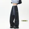 Calça Casual Bordada com Design de Cachorro Estilo Retro Americano, Calça de Moletom Solta de Perna Larga com Cintura Dupla Forrada de Lã, Calça Esportiva Reta com Caimento