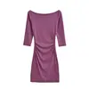 CL26200-26 Vestido otoñal estilo francés entallado con diseño limpio, ceñido a la cintura, plisado, manga tres cuartos, cuello barco, vestido Rachel, vestido corto