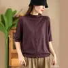 Novedad de Principios de Otoño 2026: Camiseta de Punto para Mujer con Cuello Medio Alto, Top Holgado de Color Sólido con Botones, Manga Media Versátil Capa Base MHT
