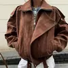 Jaqueta de motociclista vintage em camurça para mulheres com zíper diagonal, silhueta solta europeia e americana, roupas femininas de outono e inverno, em estoque na fábrica