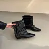 Botas de Pantalón de Tacón Grueso de Gamuza con Punta Aguda para Mujer 2026 Otoño/Invierno Nuevo Estilo Botas Vaqueras Occidentales Botas de Montar Botines con Hebilla de Cinturón