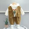 Roupas infantis meninos primavera terno 2025 novo bebê trabalho colete infantil manga longa com capuz suor três peças conjunto elegante