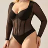 Body Sexy de Malla de Manga Larga Talla Grande para Mujer Con Aros Push-up Corsé de Ballenas Transparente Ropa Moldeadora Body Base