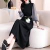 Roupas femininas plus size 2023 outono novo borda orelha de madeira gola redonda Joker manga longa cor sólida temperamento base vestido redutor de idade