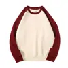 Sudadera de Algodón Pesado con Mangas Raglán, Parches, Cuello Redondo, Bloques de Color, Estilo Americano Otoño e Invierno, Corte Holgado para Hombres y Mujeres, Versátil Casual de Manga Larga