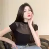 Nueva Camiseta de Estilo Puro Deseo para Chica Caliente, Manga Corta, Ajustada, Cuello Redondo, Empalme de Malla, Ajuste Delgado, Top de Verano Corto Estilo Puro Deseo