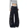 Jeans Negros de Comercio Exterior con Diseño Lateral Personalizado, Nuevo Estilo Primavera, Cintura Alta, Corte Holgado, Adelgazantes, Pantalones Versátiles de Pierna Recta y Pierna Ancha