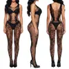 Lingerie sexy de renda europeia e americana para Amazon, com corte justo, body preto em rede com recortes, em estoque do fabricante