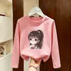 Camiseta de Manga Larga de Algodón Puro Estilo Coreano para Niñas, Primavera y Otoño, Camiseta Básica Casual con Estampado de Dibujos Animados para Bebé, Cuello Redondo