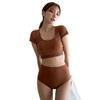 2024 nuevo traje de baño coreano de color sólido, cintura alta, ajustado, con abertura, manga media, conservador, cuello redondo, para aguas termales, para mujer, fabricantes al por mayor