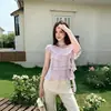 2026 Nueva Blusa Francesa Dulce Estilo Hombros Descubiertos Volantes Capas Pastel Versátil Juvenil Elegante Top