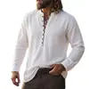 Amazon Transfronteiriça Masculina de Linho Casual com Gola Alta Camiseta Henley de Manga Longa Material de Linho Camisa Henley Vintage