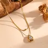 Collar Cruzado Nuevo Versátil de Acero de Titanio Elegante Versátil con Colgante Redondo de Piedra de Color para Mujer Collar de Acero Inoxidable de Doble Capa Tachonado de Perlas