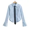 Camisa Listrada Estilo College Feminina Primavera e Outono Nova Roupa Feminina Nicho Azul Manga Longa Estilo Preguiçoso Top Camisa Elegante
