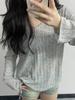 Blusa de Proteção Solar Verde Menta Decote V Feminina Primavera e Verão Rejuvenescedora Borda Auriculariot Manga Longa Fina Listras Vazadas Top Camiseta