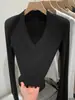 Top Sexy Ajustado con Cuello en V para Mujer, Ropa Interior, Hombro Normal, Camiseta de Manga Larga, Nuevo Estilo Invierno 2026, Top de Punto Puro Deseo para Mujer