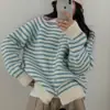 Cardigan de Tricô Listrado com Gola Reversível Estilo Coreano Retrô Feminino 2026 Outono/Inverno Novo Solto Versátil Estilo Gentil Casaco Suéter