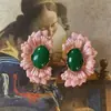 Nuevos Pendientes Clásicos Estilo Chino Retro Flor de Begonia, Flores Rosas y Verdes, Pendientes Vintage Asimétricos Estilo Palacio para Mujer