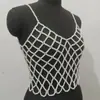 Chaleco Calado Tejido a Mano con Red de Pesca de Perlas Camiseta de Manga Corta con Cadena Corporal de Perlas para Mujer skl000312