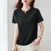 92% algodón 8% elastano para mujer, color liso, simple, cuello en V pequeño, camiseta casual versátil con diseño de botones, jersey