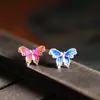 Pendientes de botón de mariposa de filigrana azul quemado de plata S925, Pendientes de mujer de estilo fresco, únicos y de moda