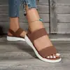 Sandalias de Talla Grande Transfronterizas para Mujer Comercio Exterior Suela Plana Boca de Pez Correa de una Sola Tira Sandalias Romanas Elásticas Estilo 2025 Cuña Verano Suela Gruesa