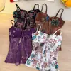 2026 Nuevo Estilo Fresco Retro con Cordones Estampado Sexy de Halter Fruncido Cuello en V Elegante Top Ajustado para Mujer