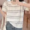 Nueva Camiseta de Punto de Seda Helada Calada de Manga Corta para Verano 2026 para Mujeres Ligeramente Gorditas, Top Rayado Holgado y Adelgazante