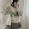Suéter de Gola Redonda Listrado de Malha Avançada Preguiçosa Contraste Feminino Outono e Inverno Estilo Coreano Peça Solta Macia Cera Top de Tricô